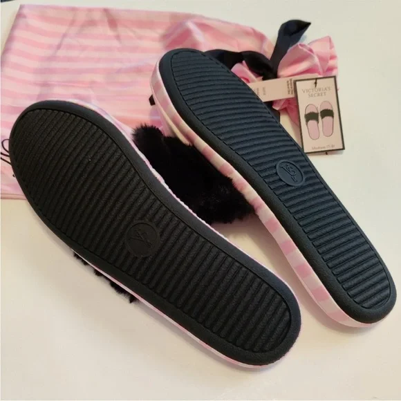 Victoria's Secret Slippers Pink Stripe Black Fur Size 7-8 - Picture 5 of 8